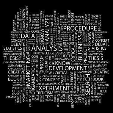 ANALYSIS. Word collage on black background clipart