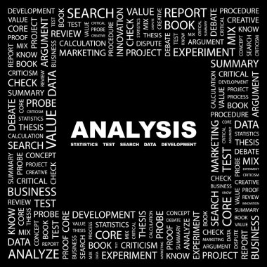 ANALYSIS. Word collage on black background clipart