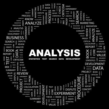 ANALYSIS. Word collage on black background clipart