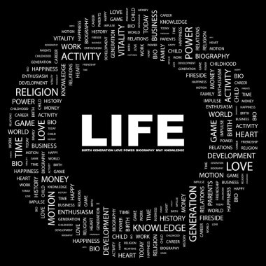 LIFE. Word collage on black background clipart