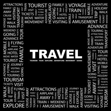 TRAVEL. Word collage on black background clipart