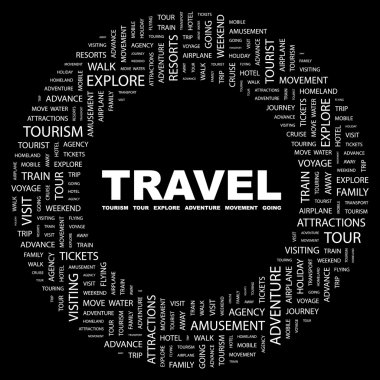 TRAVEL. Word collage on black background clipart