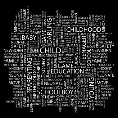 CHILD. Word collage on black background clipart