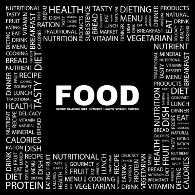 FOOD. Word collage on black background clipart