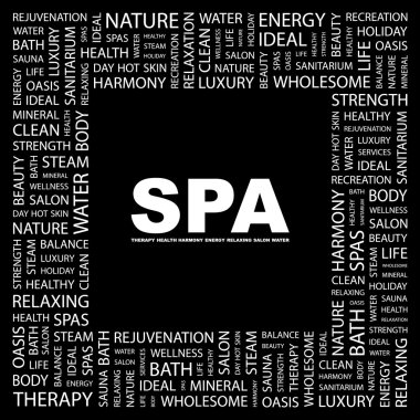 SPA. Word collage on black background clipart