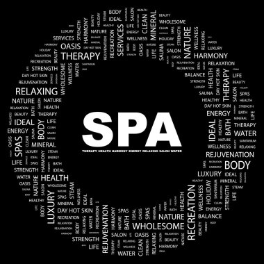 SPA. Word collage on black background clipart