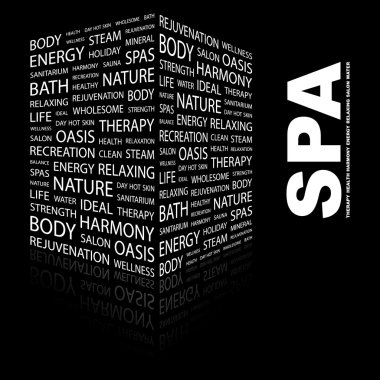 SPA. Word collage on black background clipart