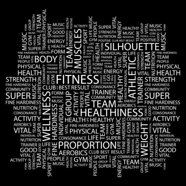 FITNESS. Word collage on black background. clipart