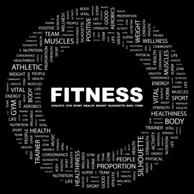 FITNESS. Word collage on black background. clipart