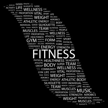 FITNESS. Word collage on black background. clipart