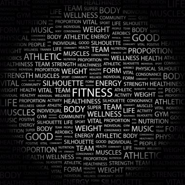 FITNESS. Word collage on black background. clipart
