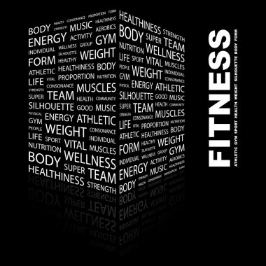 FITNESS. Word collage on black background. clipart