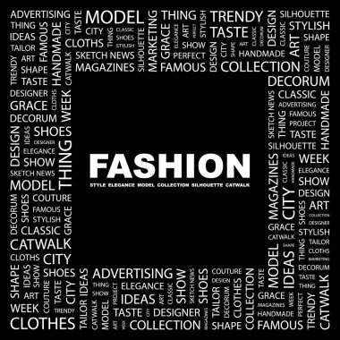 FASHION. Word collage on black background clipart