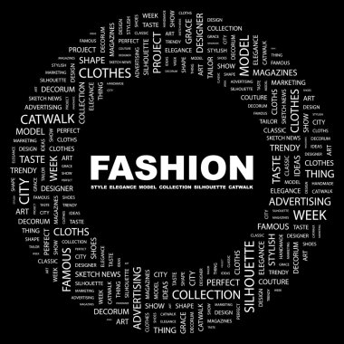 FASHION. Word collage on black background clipart