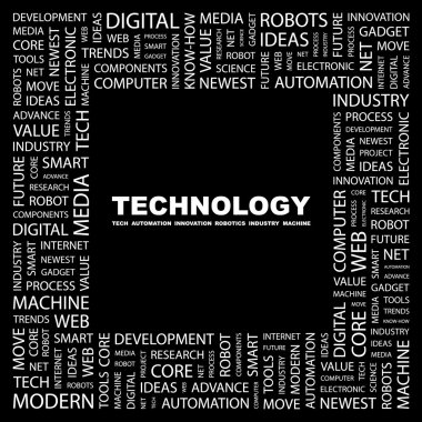 TECHNOLOGY. Word collage on black background clipart