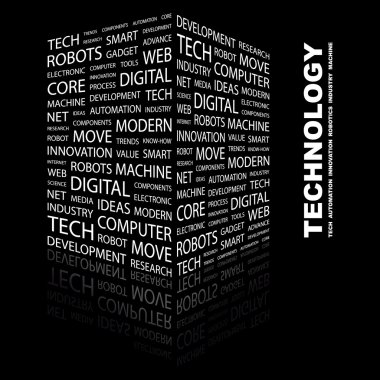 TECHNOLOGY. Word collage on black background clipart