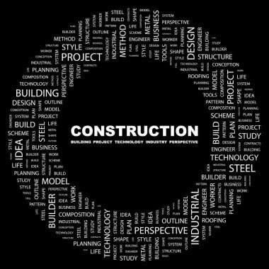 CONSTRUCTION. Word collage on black background clipart