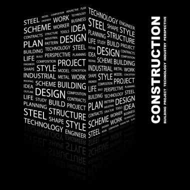 CONSTRUCTION. Word collage on black background clipart