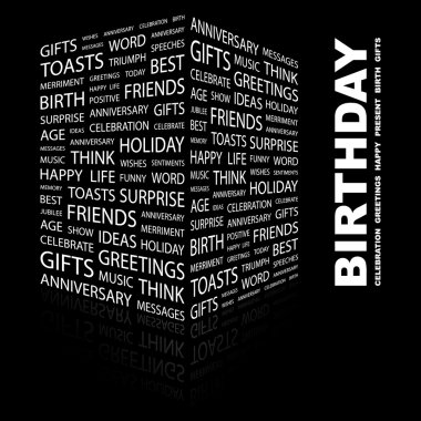 BIRTHDAY. Word collage on black background clipart