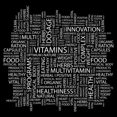 VITAMINS. Word collage on black background clipart