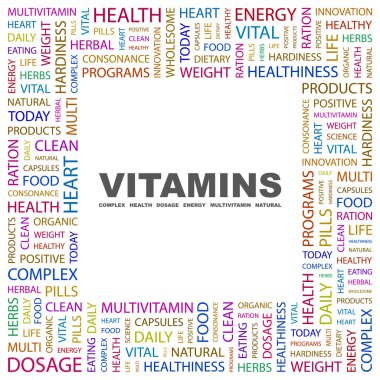 VITAMINS. Word collage on white background clipart
