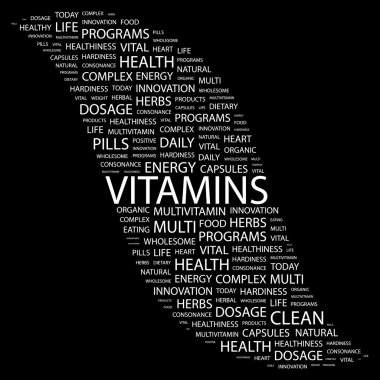 VITAMINS. Word collage on black background clipart