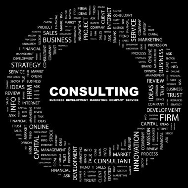 CONSULTING. Word collage on black background. clipart