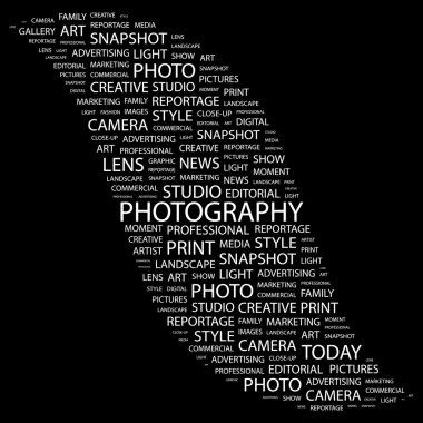 PHOTOGRAPHY. Word collage on black background clipart