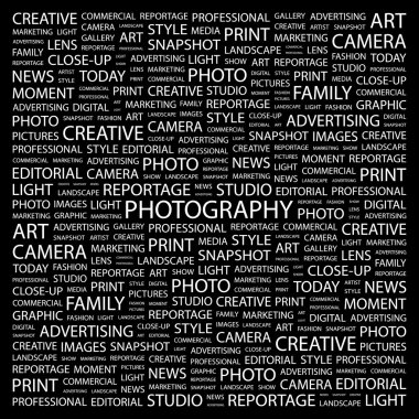 PHOTOGRAPHY. Word collage on black background clipart