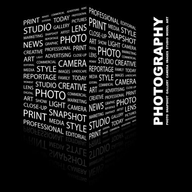 PHOTOGRAPHY. Word collage on black background clipart