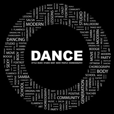 DANCE. Word collage on black background clipart