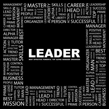 LEADER. Word collage on black background clipart