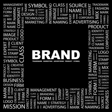 BRAND. Word collage on black background. clipart