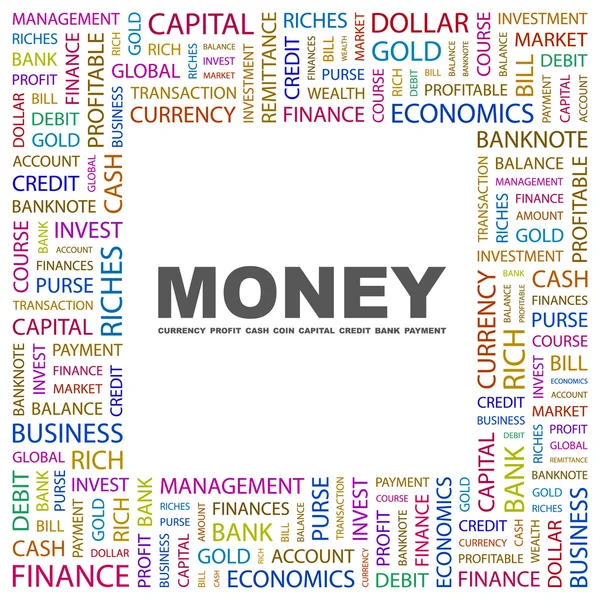 Pengar. ordet collage på vit bakgrund — Stock vektor