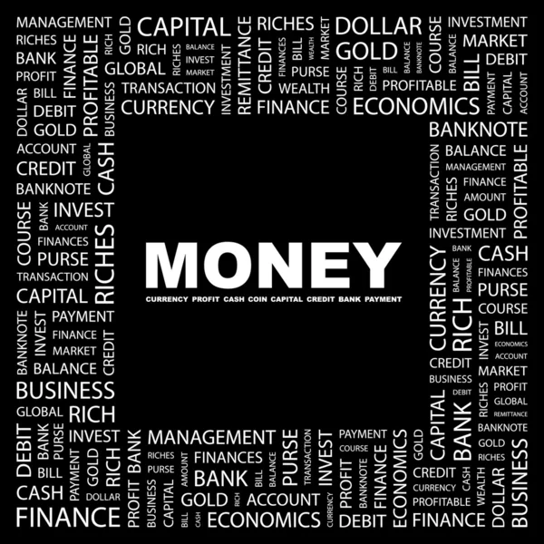O dinheiro. Colagem de palavras no fundo preto — Vetor de Stock