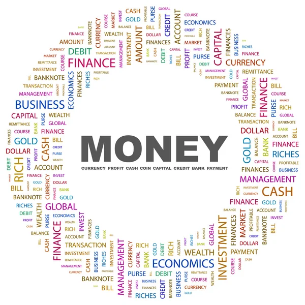 Dinero. collage palabra sobre fondo blanco — Vector de stock