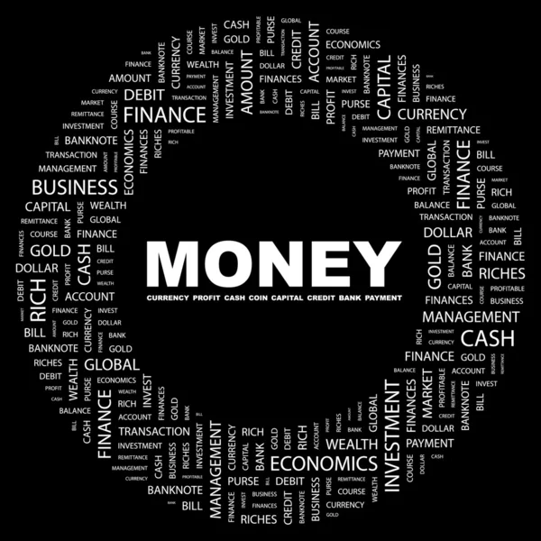O dinheiro. Colagem de palavras no fundo preto —  Vetores de Stock