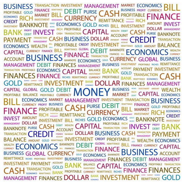 Dinero. collage palabra sobre fondo blanco — Vector de stock