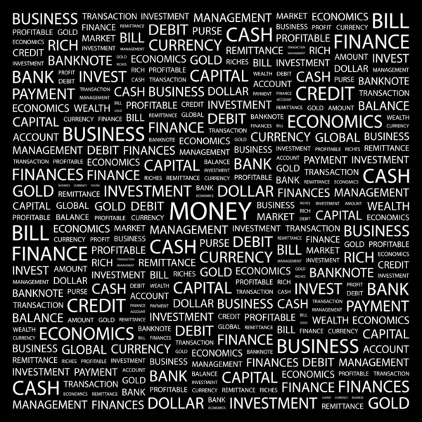 Geld. woord collage op zwarte achtergrond — Stockvector