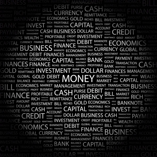 Dinero. collage palabra sobre fondo negro — Archivo Imágenes Vectoriales