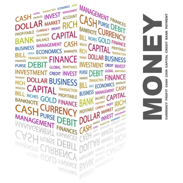 O dinheiro. Colagem de palavras no fundo branco —  Vetores de Stock