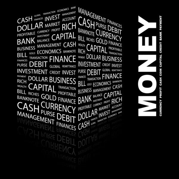 Χρήματα. λέξη κολάζ σε μαύρο φόντο — Διανυσματικό Αρχείο
