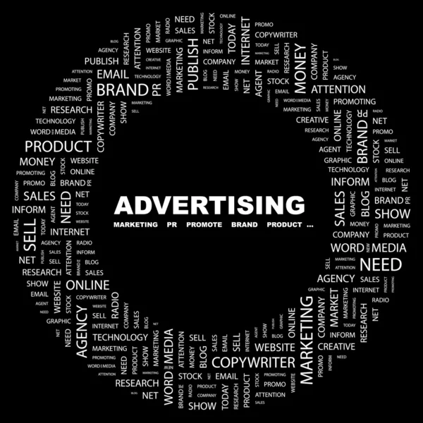 Werbung. Wortcollage auf schwarzem Hintergrund — Stockvektor