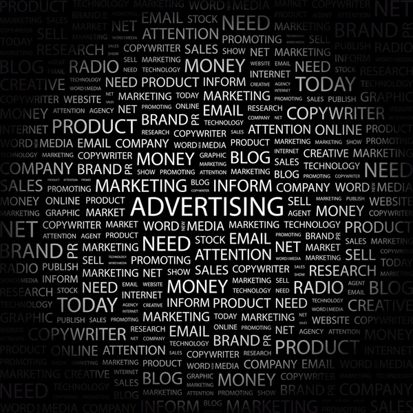 Reklam. siyah arka plan üzerinde kelime kolaj — Stok Vektör