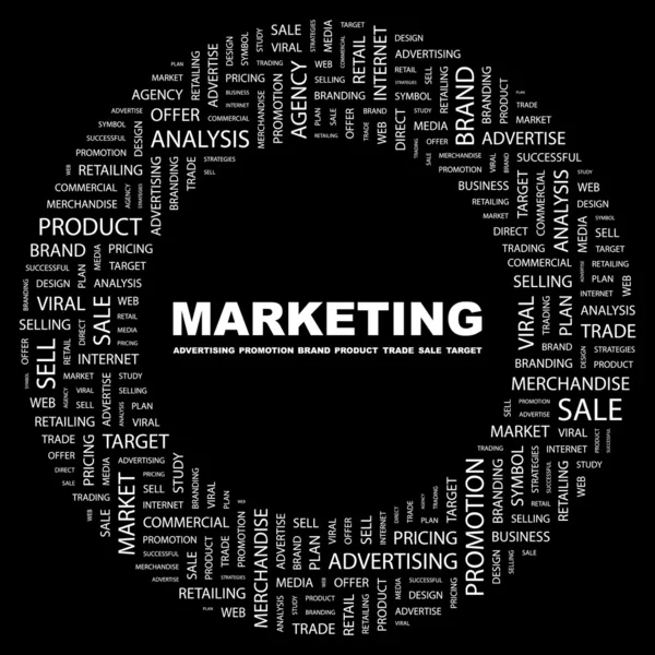 Marketing. slovo koláž na černém pozadí — Stockový vektor