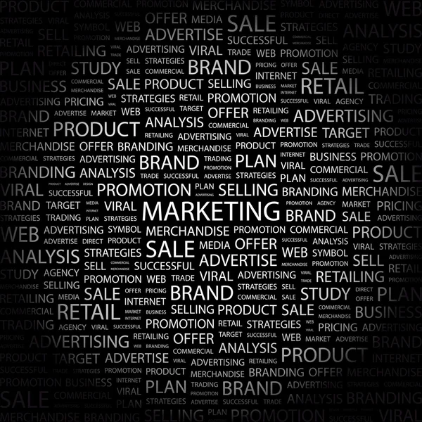 Comercialización. collage palabra sobre fondo negro — Vector de stock
