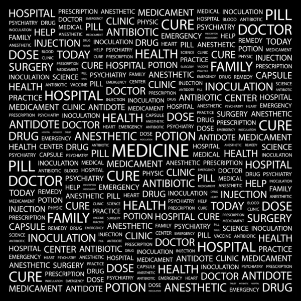 医学。黑色背景上的字拼贴画 — 图库矢量图片