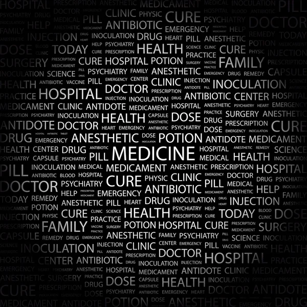 Ιατρική. λέξη κολάζ σε μαύρο φόντο — Διανυσματικό Αρχείο