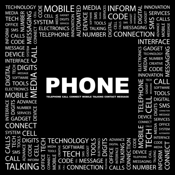 Telefon. slovo koláž na černém pozadí — Stockový vektor