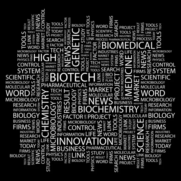 Biotech. Word kollázs-fekete háttér — Stock Vector
